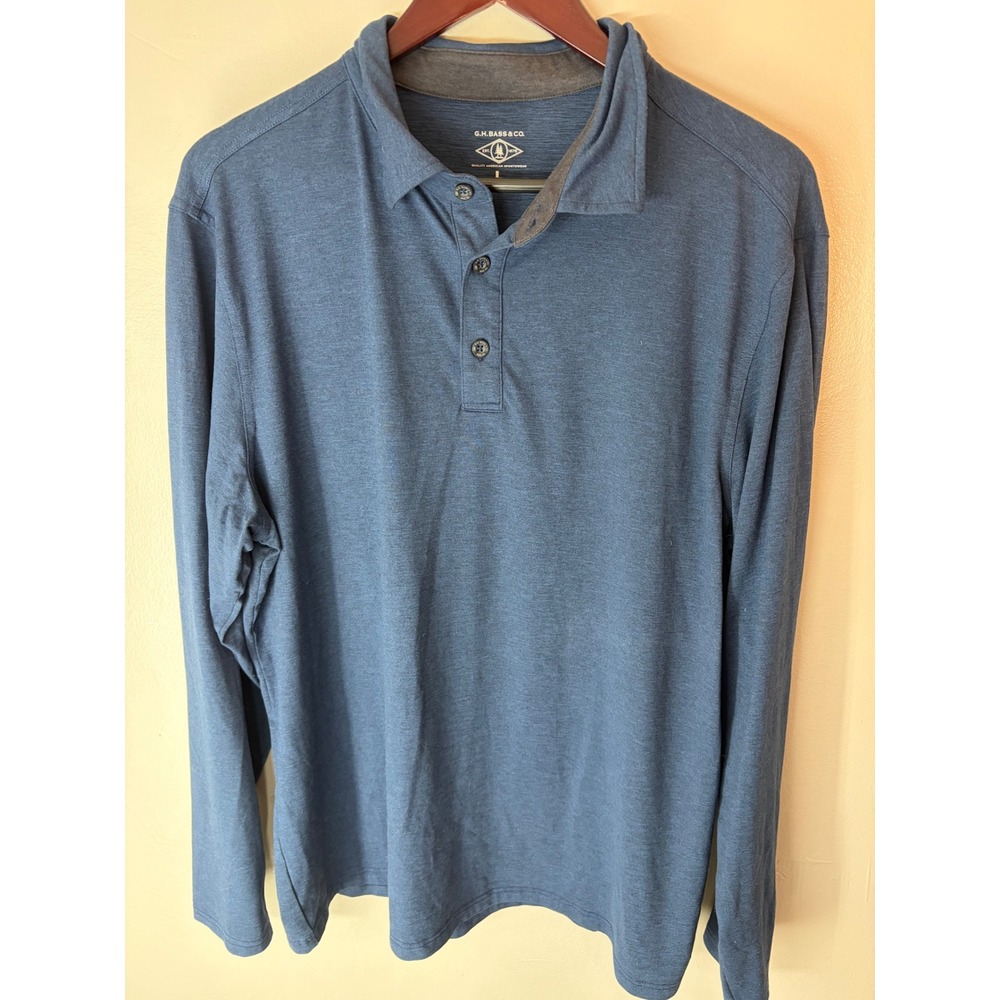GH Bass Mens Long Sleeve Polo Shirt Blue Heathered Knit Size L Lg